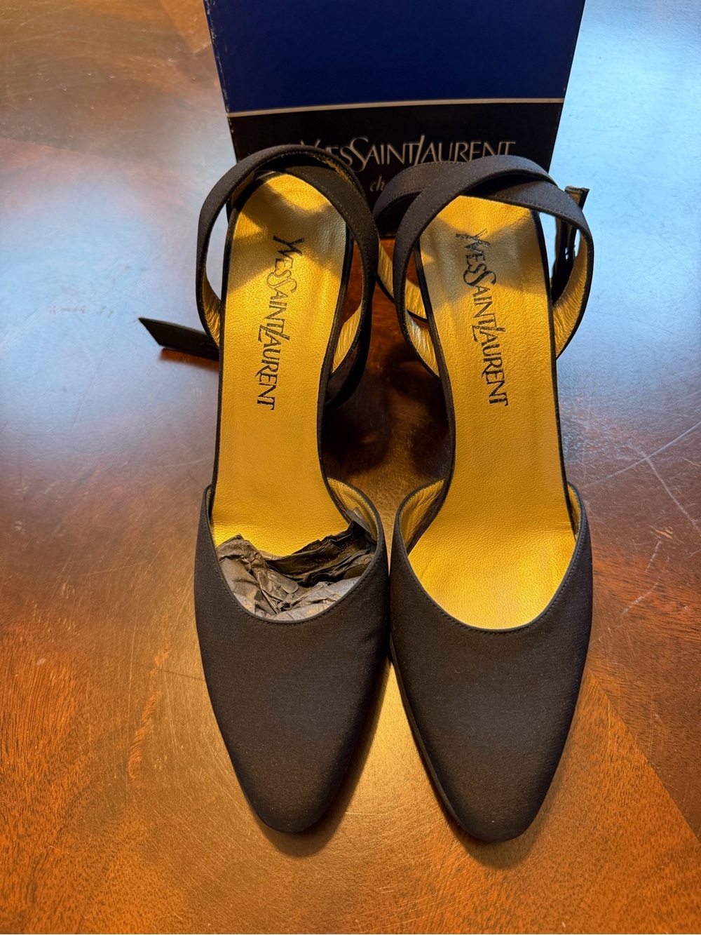 Vintage Yves Saint Laurent Black Patent and Satin Ankle Strap Heels